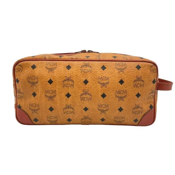 MCM Vintage Visetos Monogram Canvas Toiletry Barrel Bag Nappa Leather Trim - Picture 2 of 16
